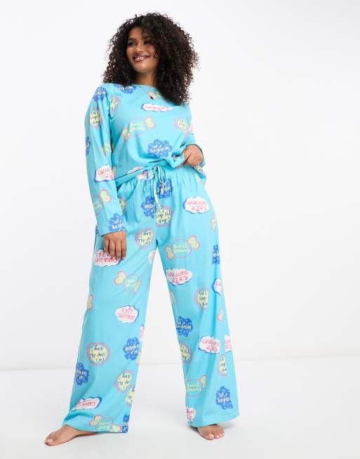 ASOS DESIGN Curve exclusive zzz long sleeve top & pants pyjama set in blue