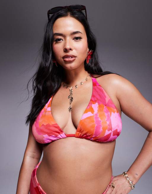 ASOS DESIGN Curve - Exclusives - Arina - Bikinitopje met hoge cups in roze met rode abstracte print
