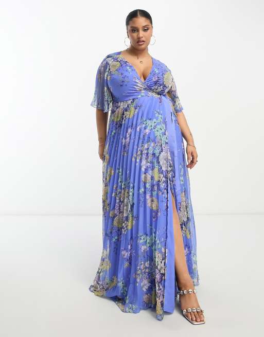 ASOS DESIGN Curve - Exclusives - Geplooide lange jurk met kimonomouwen, gestrikte taille en bloemenprint in blauw