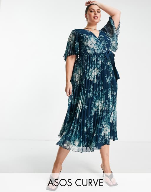 ASOS DESIGN Curve - Exclusives - Geplooide midi jurk met kimonomouwen, gestrikte taille en bloemenprint
