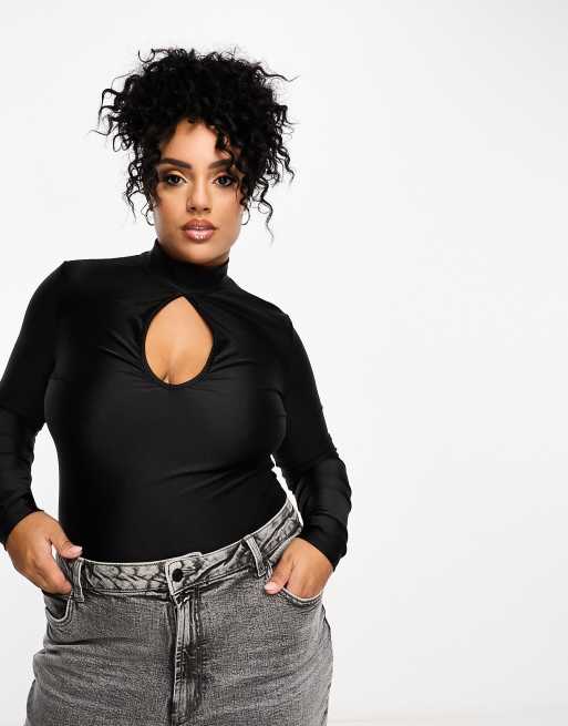 ASOS DESIGN Curve - Exclusives - Hoogsluitende disco body met uitsnijding en open achterkant in zwart