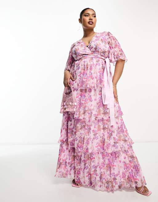 ASOS DESIGN Curve - Exclusives - Maxi jurk met gelaagde, geplooide rok en kimonomouwen in roze met bloemenprint