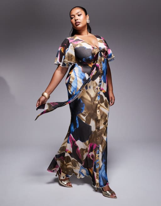 ASOS DESIGN Curve - Exclusives - Midi jurk met fladdermouwen, gestrikt detail en abstracte print