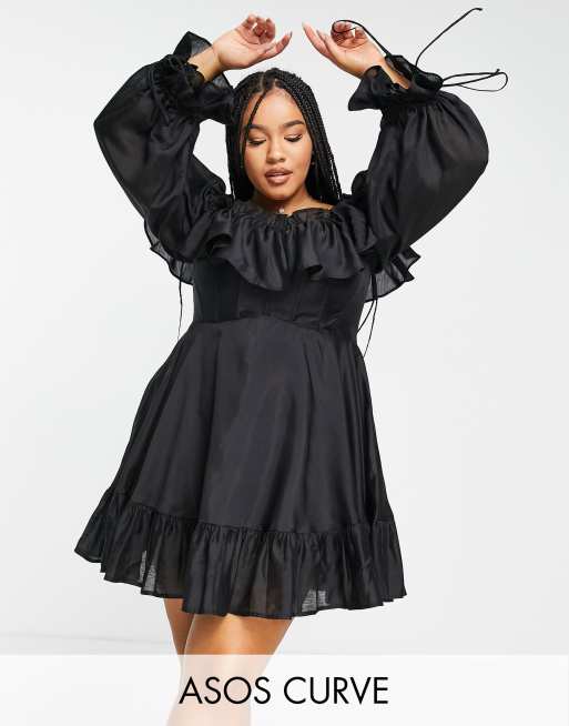 ASOS DESIGN Curve - Exclusives - Mini jurk met blote schouders en ruches in zwart