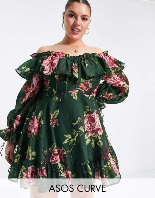ASOS DESIGN Curve - Exclusives - Mini jurk met blote schouders, ruches en fijne bloemenprint