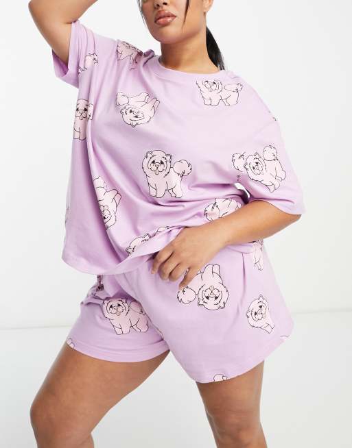 ASOS DESIGN Curve - Exclusivité - Ensemble de pyjama avec t-shirt oversize et short à motif chien - Lilas