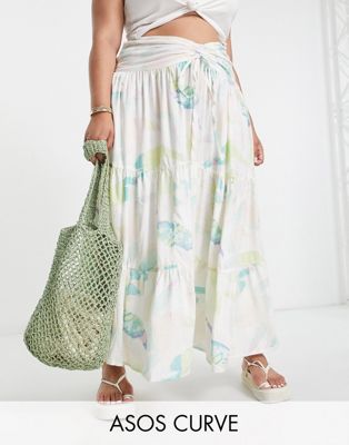 ASOS DESIGN Curve exclusive ruched channel maxi skirt in swirl print - ASOS Price Checker