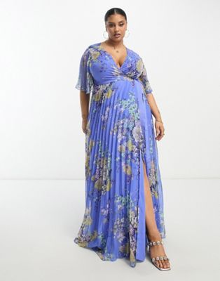ASOS DESIGN Curve exclusive pleated maxi dress with kimono sleeve and tie waist in blue floral print - ASOS Price Checker