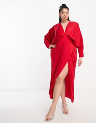 ASOS DESIGN Curve Exclusive satin batwing midaxi dress with split skirt in red - ASOS Price Checker