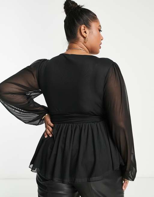 ASOS DESIGN Curve - Exclusivité - Top plongeant à manches évasées en tulle et ourlet à basque - Noir, 2 de 4