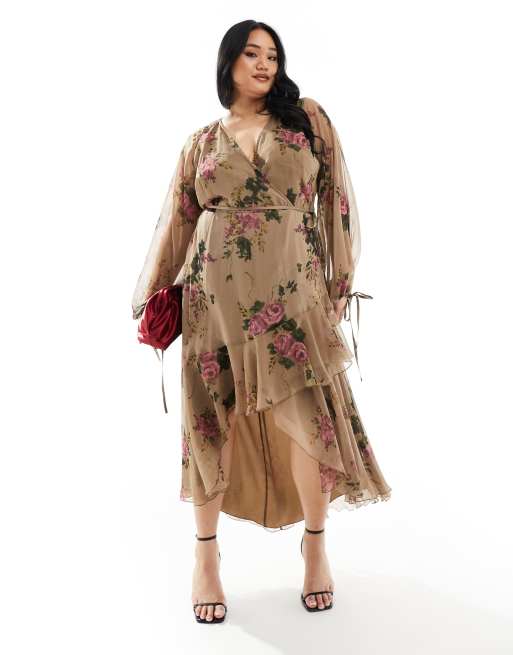 ASOS DESIGN Curve Exklusiv Langarmliges Midi Wickelkleid aus Chiffon in Grun mit Blumenmuster