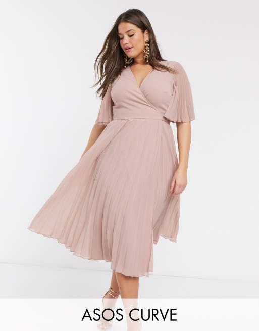 ASOS DESIGN Curve – Exklusiv, plisserad midiklänning med kimonoärm och knytning i midjan