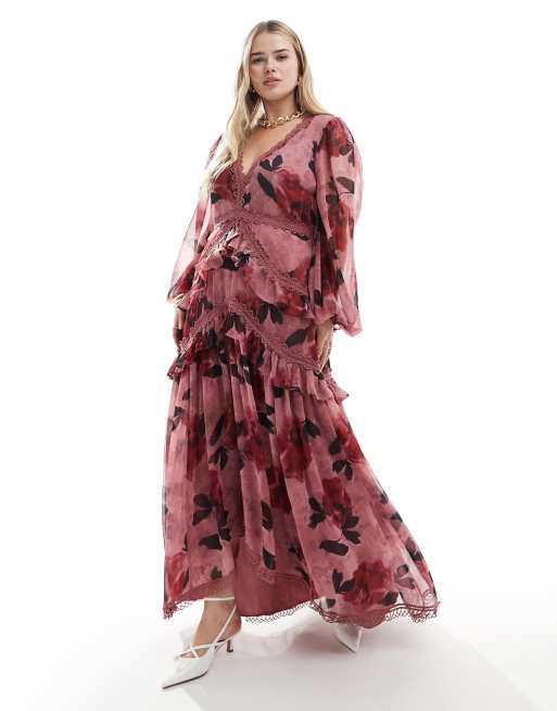 ASOS DESIGN Curve Exklusives langarmliges Midaxikleid mit groBem Blumenmuster in Rosa