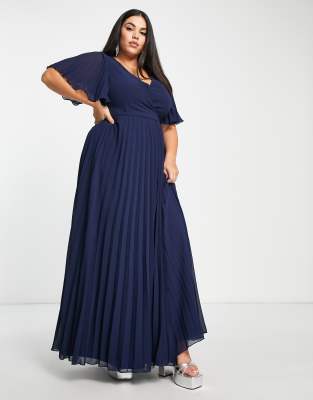 ASOS DESIGN Curve - Exklusives Maxikleid in Marineblau mit Kimonoärmeln, Taillenband und Falten