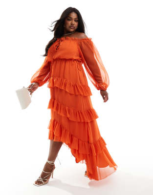 ASOS DESIGN Curve - Exklusives Maxikleid in Orange mit Carmen-Ausschnitt und nach hinten abfallendem Saum