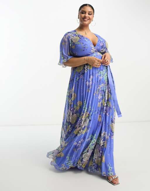 ASOS DESIGN Curve Exklusives plissiertes Maxikleid in Blau mit Blumenmuster Kimono Armeln und Bindegurtel ASOS