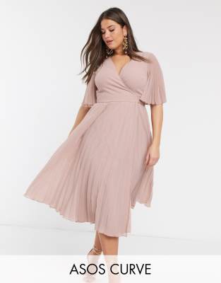 ASOS DESIGN Curve Exklusives plissiertes Midikleid mit Kimono Armeln und Bindeband in der Taille ASOS