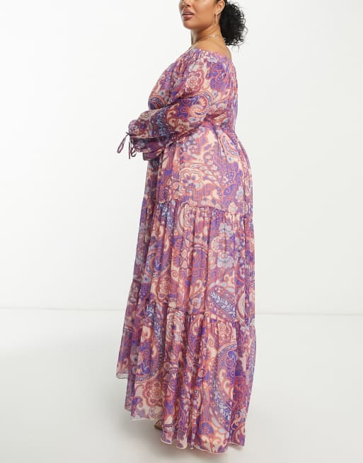 ASOS DESIGN Curve Exklusives schulterfreies Maxikleid mit floralem Paisley Print in Metallic Optik ASOS