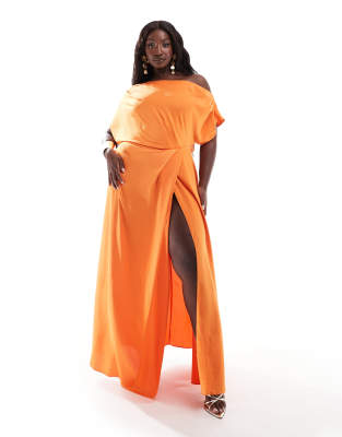 ASOS DESIGN Curve - Exklusives, schulterfreies Satin-Maxikleid in Orange mit hohem Schlitz