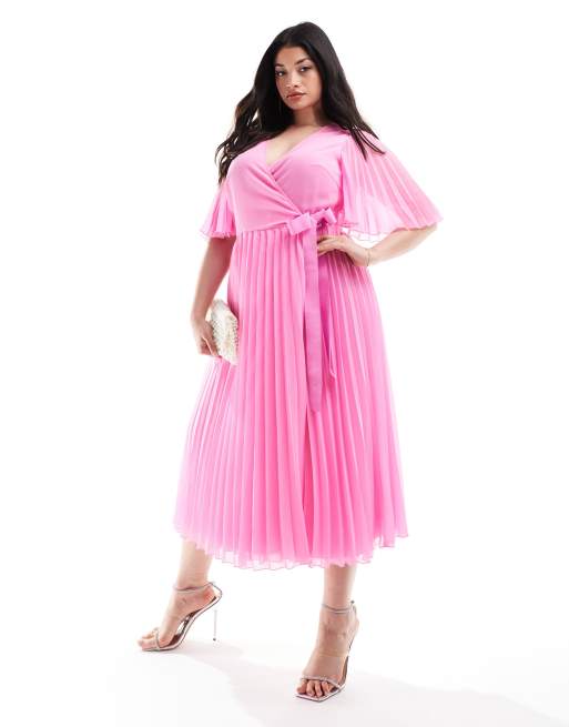 ASOS DESIGN Curve – Exklusivt – Rosa, plisserad midiklänning med kimonoärmar och knytning i midjan