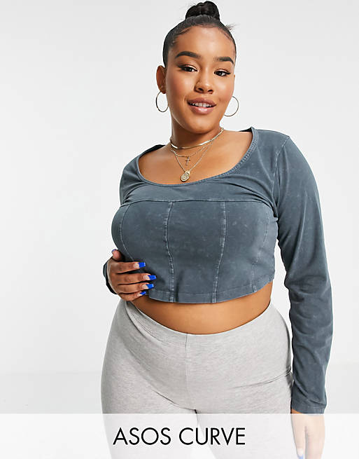 ASOS DESIGN Curve exposed seam corset with long sleeve in washed grey