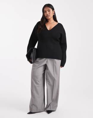 Asos Curve Asos Design Curve Extreme Low V Neck Waisted Top In Black