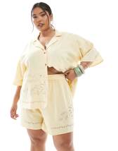 ASOS DESIGN Curve short sleeve shirt with camp collar with broderie detail in straw - part of a set