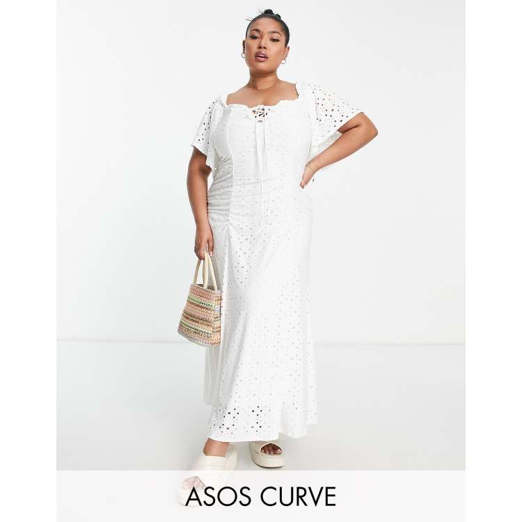 ASOS DESIGN Curve eyelet flutter sleeve ruched front midi dress in white |  ASOS