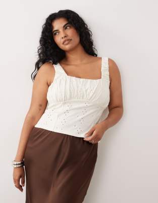 Asos Curve Asos Design Curve Eyelet Milkmaid Top With Gathered Bust In White