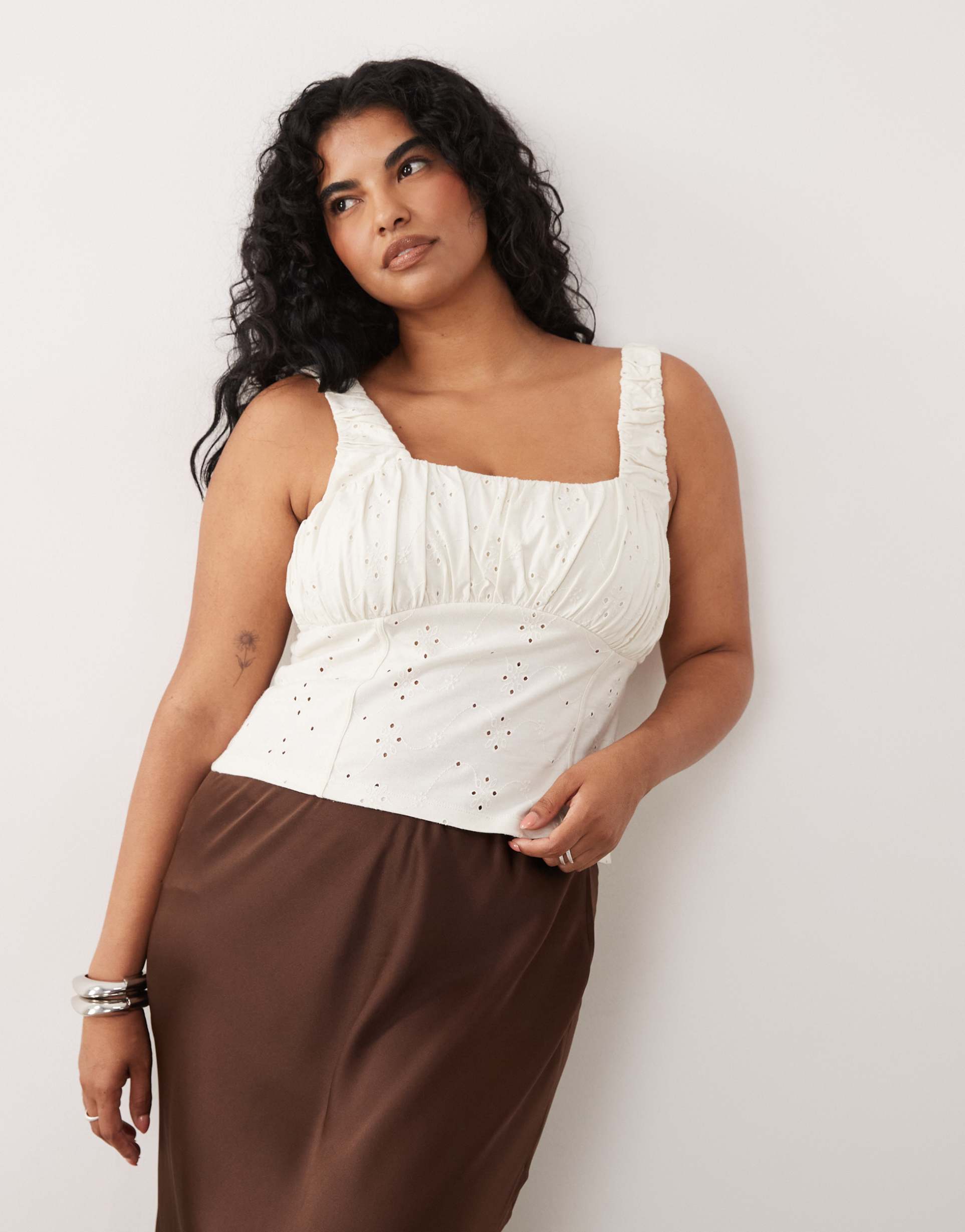 asos design curve eyelet milkmaid top with gathered bust in cream