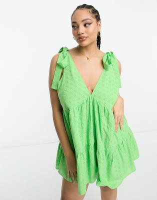 Asos Curve Asos Design Curve Eyelet Tie Shoulder Smock Romper In Pop Green