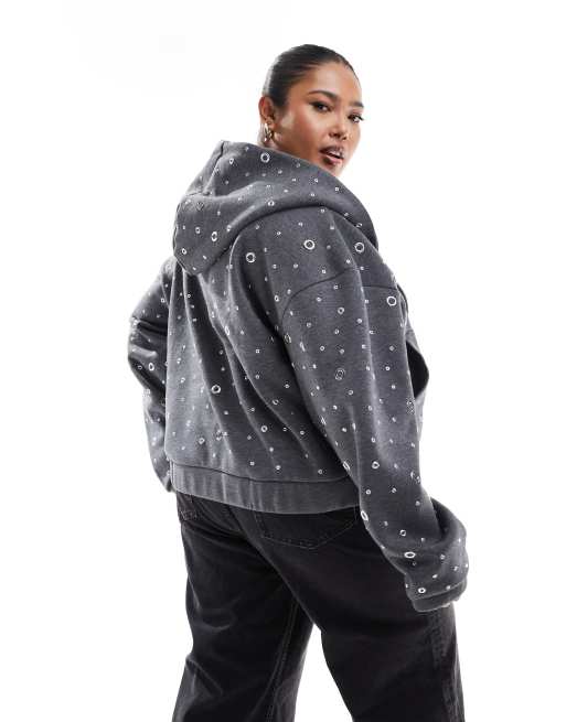 ASOS DESIGN Curve eyelet zip through hoodie in gray | ASOS