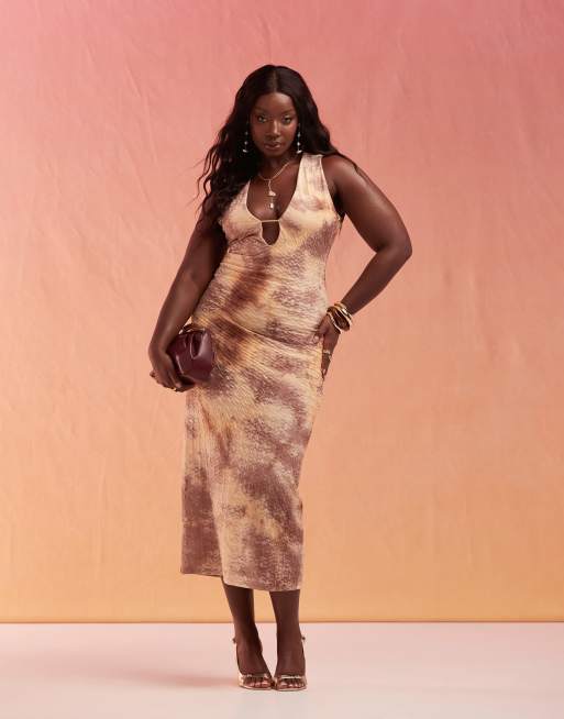 ASOS DESIGN Curve – Fakturowana sukienka maxi z dekoltem w szpic w kolorze naturalnym z efektem ombre