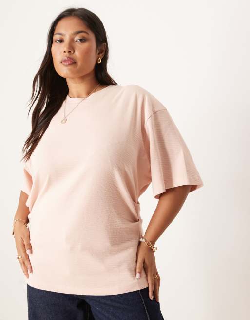 ASOS DESIGN Curve – Fakturowany T-shirt z gorsetową talią w kolorze przydymionego różu