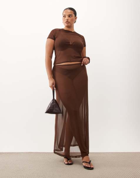 ASOS DESIGN Curve - Falda larga marrón chocolate de malla transparente - view 1