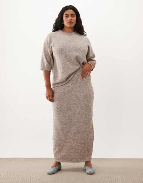 ASOS DESIGN Curve - Falda semilarga marrón grisáceo de tejido con lana (parte de un conjunto) - view 1