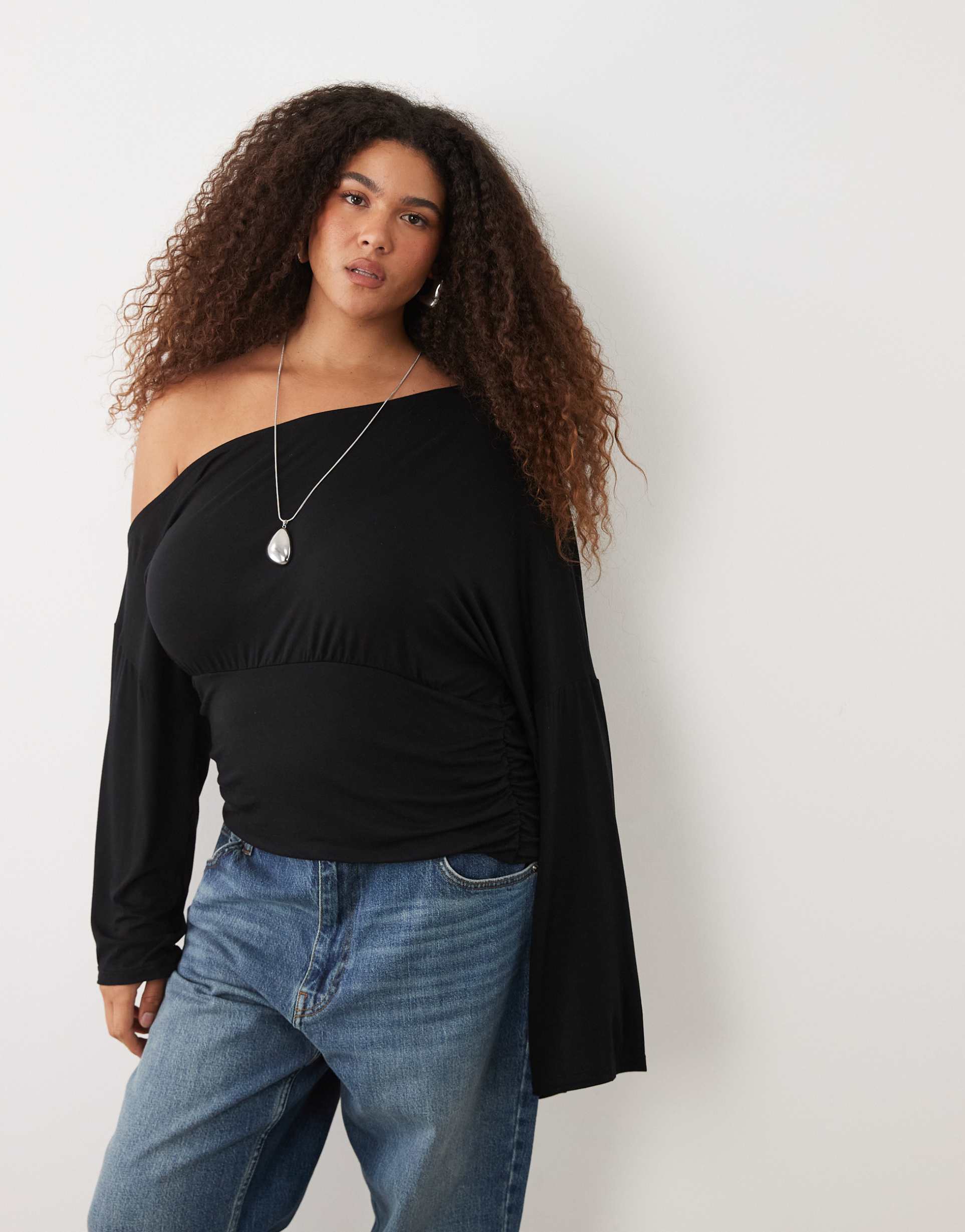 asos design curve fallen shoulder cinched waist top in black