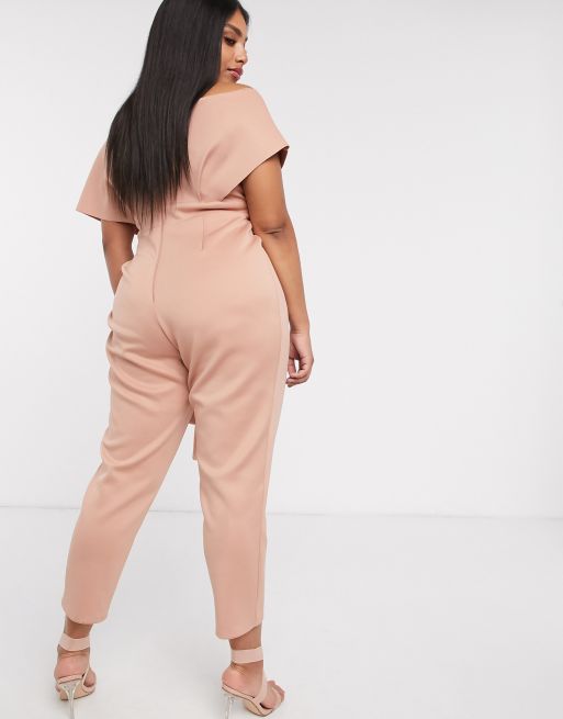 ASOS DESIGN curve fallen shoulder  jumpsuit in blush in scuba-style fabric, 2 of 4