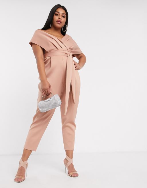 ASOS DESIGN curve fallen shoulder  jumpsuit in blush in scuba-style fabric, 4 of 4
