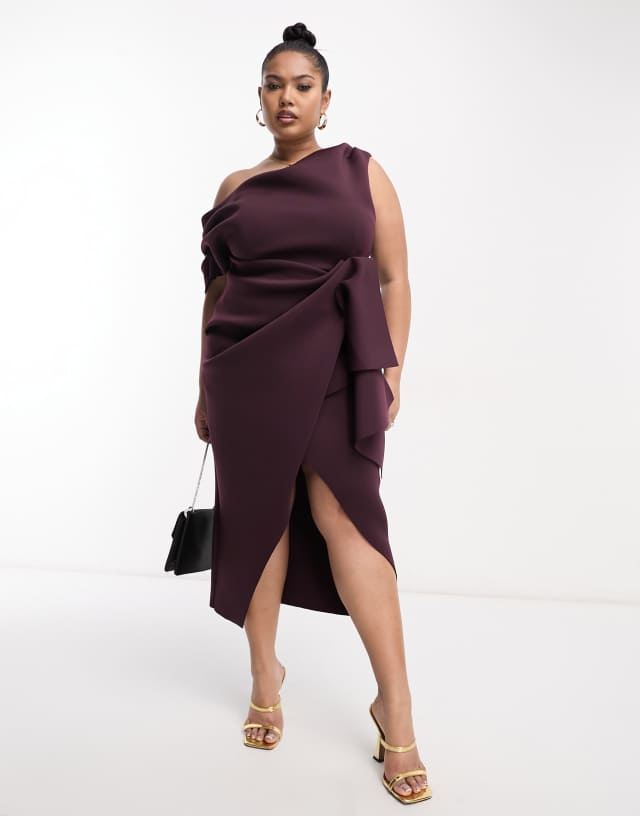 ASOS DESIGN Curve fallen shoulder manipulated tuck body-conscious midi dress in aubergine purple