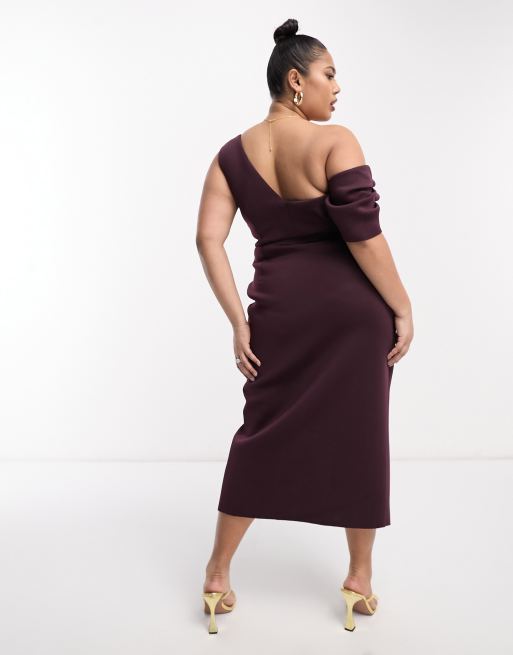 ASOS DESIGN Curve fallen shoulder manipulated tuck bodycon midi dress in  aubergine purple | ASOS