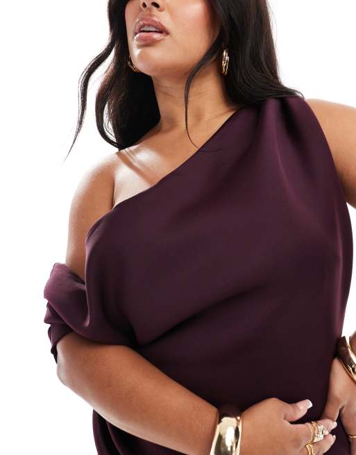 ASOS DESIGN Curve fallen shoulder pleat midi dress in aubergine, 2 of 4