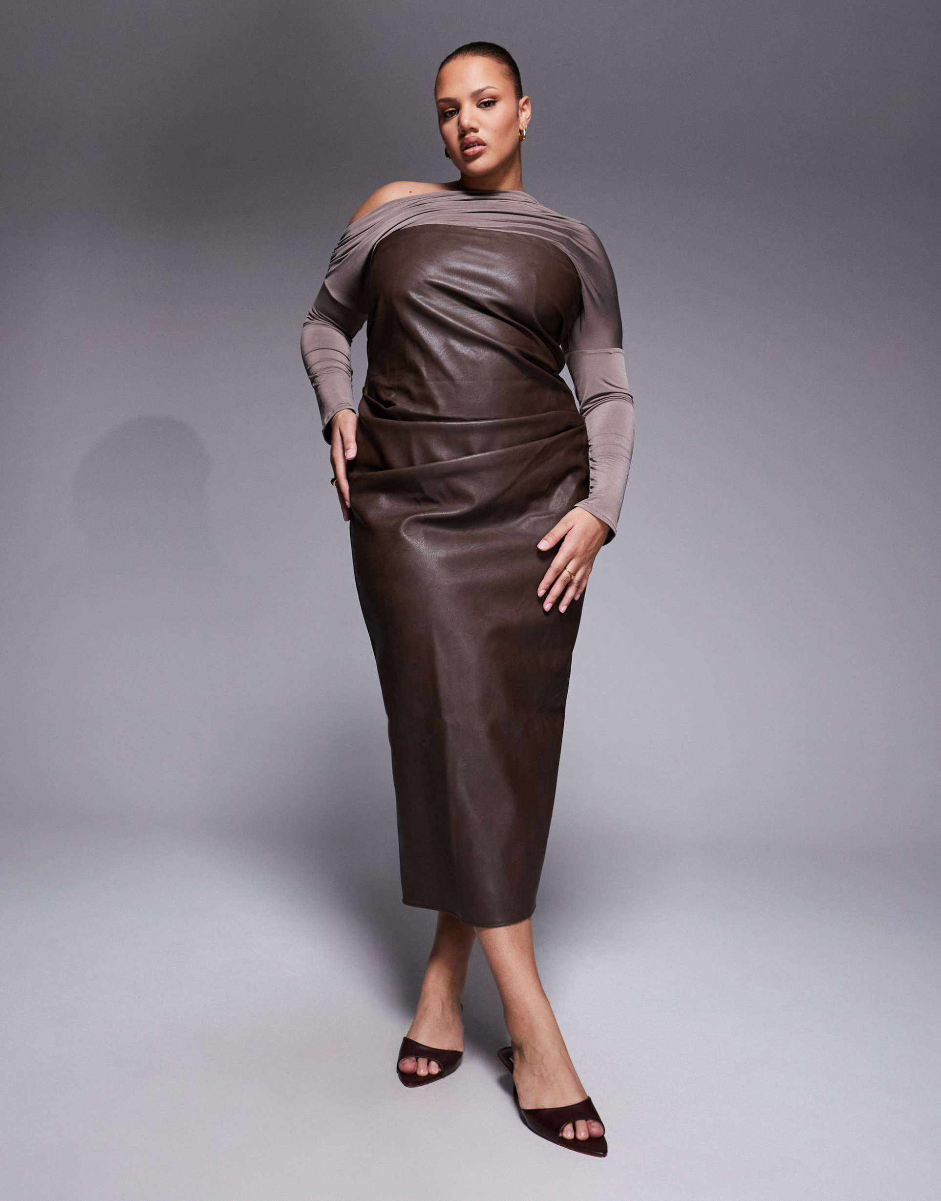 asos design curve fallen shoulder pu bandeau midaxi dress in chocolate