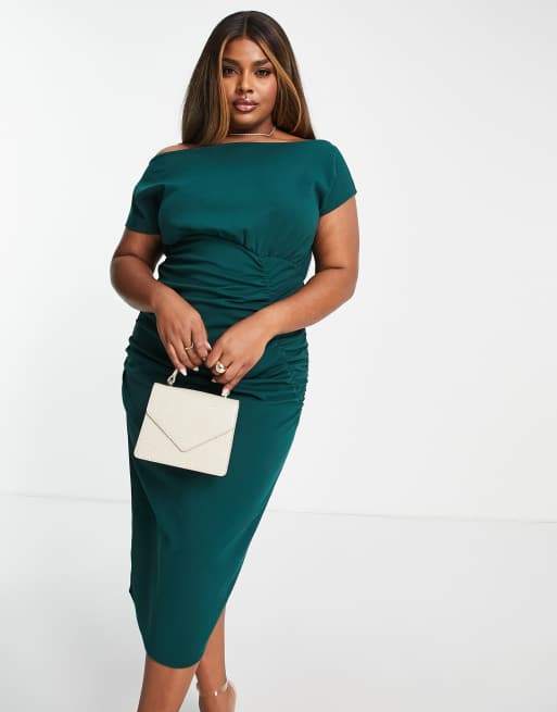 ASOS DESIGN Curve fallen shoulder ruched skater scuba crepe midi dress, 2 of 4