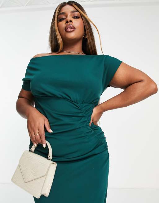 ASOS DESIGN Curve fallen shoulder ruched skater scuba crepe midi dress, 4 of 4