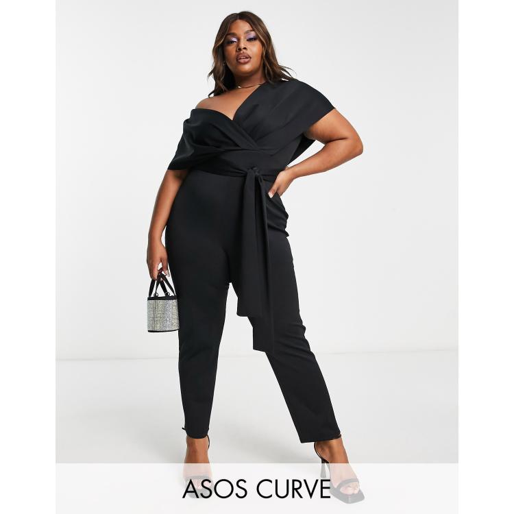 ASOS DESIGN Curve fallen shoulder scuba jumpsuit in black