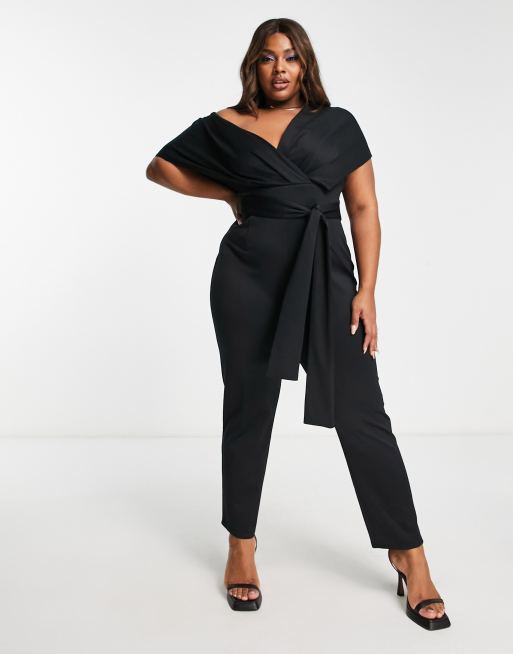 ASOS LUXE kick flare jumpsuit with textured tie shoulder detail in