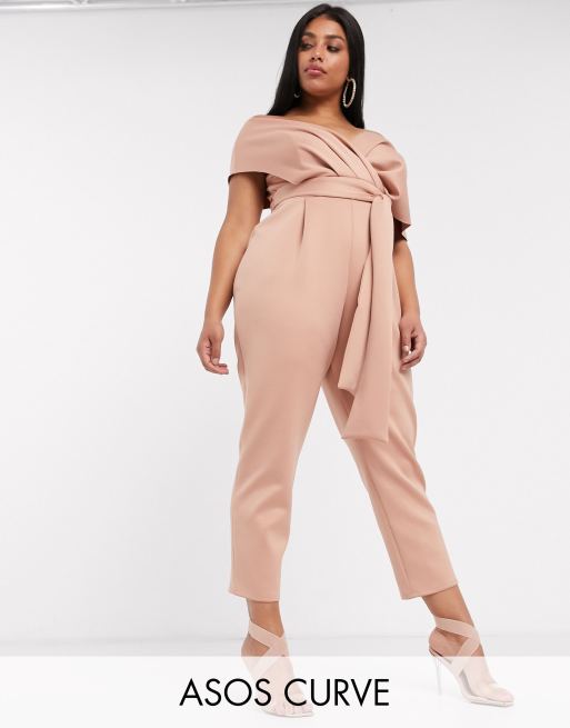 ASOS DESIGN curve fallen shoulder scuba jumpsuit in blush