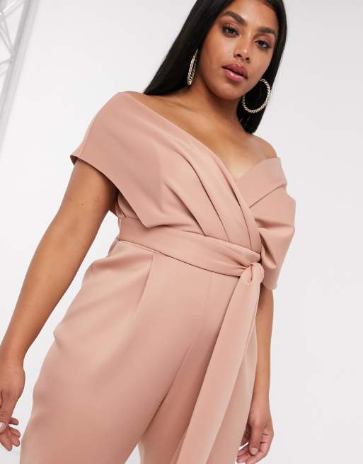 ASOS DESIGN curve fallen shoulder scuba jumpsuit in blush, 3 of 4