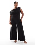 [ASOS Curve] ASOS DESIGN Curve fallen shoulder tuck detail wide leg jumpsuit in black-Red 22 Black